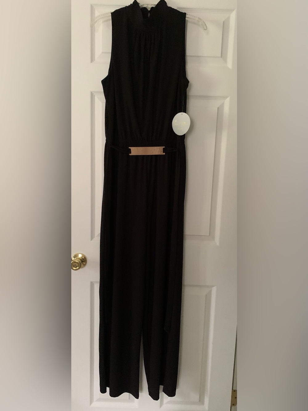 Emma & Michele Black Wide Leg Jumpsuit Womens Lrg Sleeveless Stretch Metal Belt